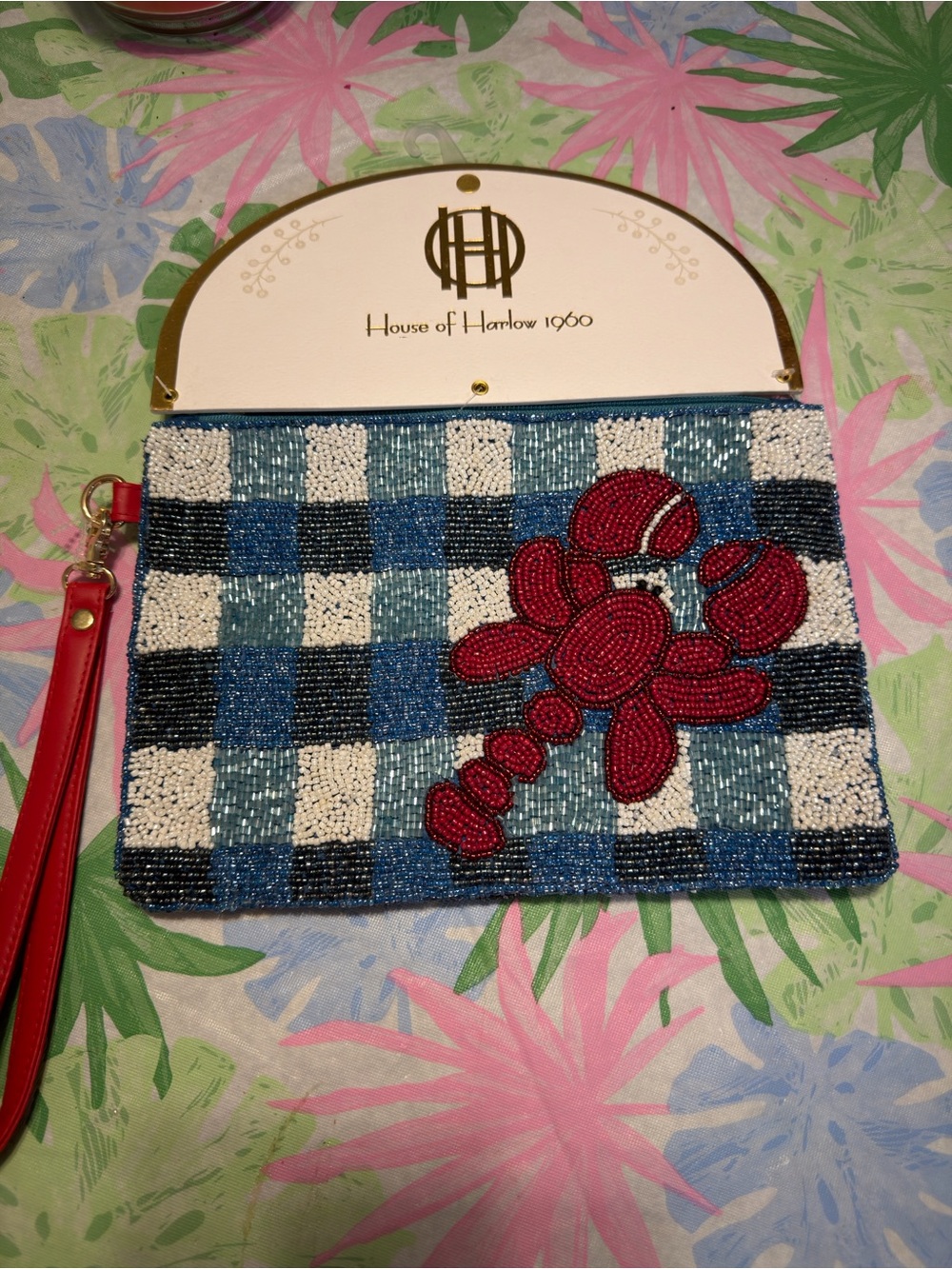 House of Harlow 1960 Blue and White Beaded Clutch with Red Lobster Motif